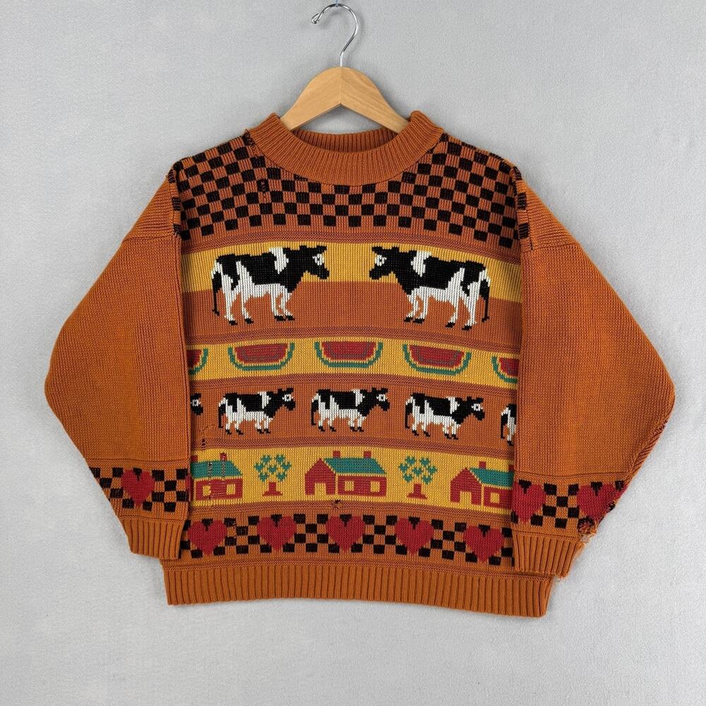 Vintage Private Eyes Sweater Womens Medium Brown Cow Farm Heart Pullover USA